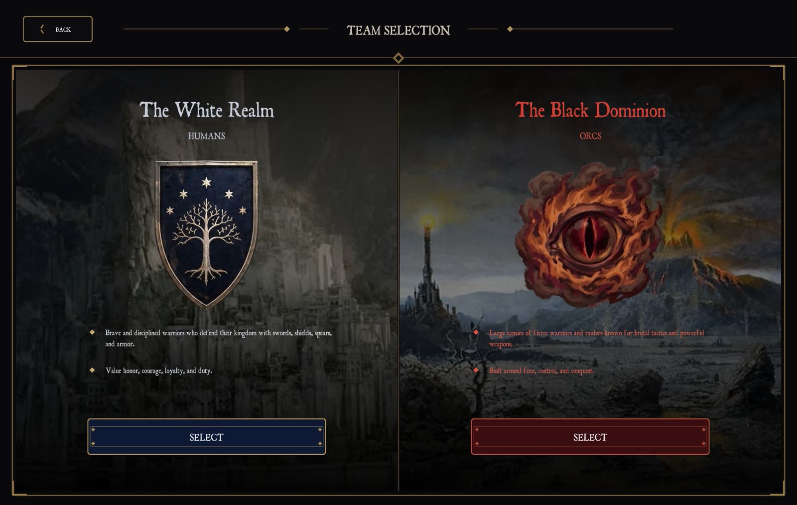 Team selection screen, dark and gold